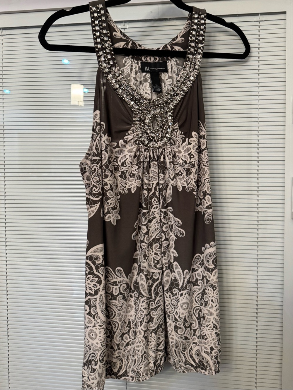 INC International Concepts tank top in brown & white lace-style print, size XL